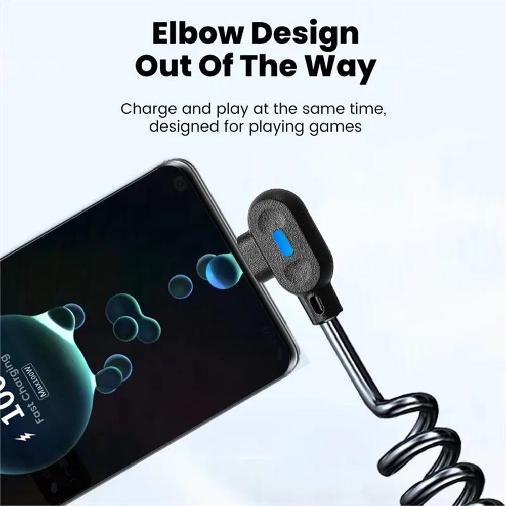 6A Fast Car Charger Cable Retractable USB C 90° Elbow Design with Spring for Samsung Tablet Laptop Carplay Wire Cords