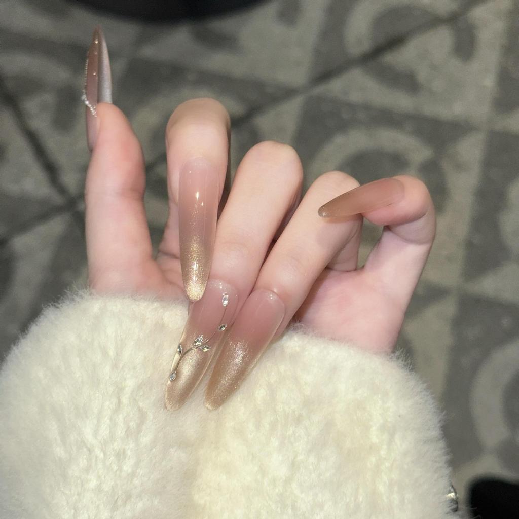 Handmade High-End Cat Eye Nude French Diamond Removable Press-On Nails