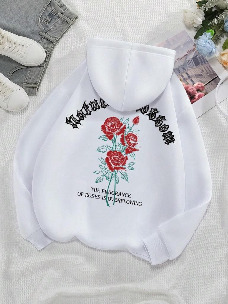 Fashion Women's Hoodie Retro Letters and Flowers Printed Sweatshirt Spring Round Neck Pullover Loose Women's Tops Graphic Y2K