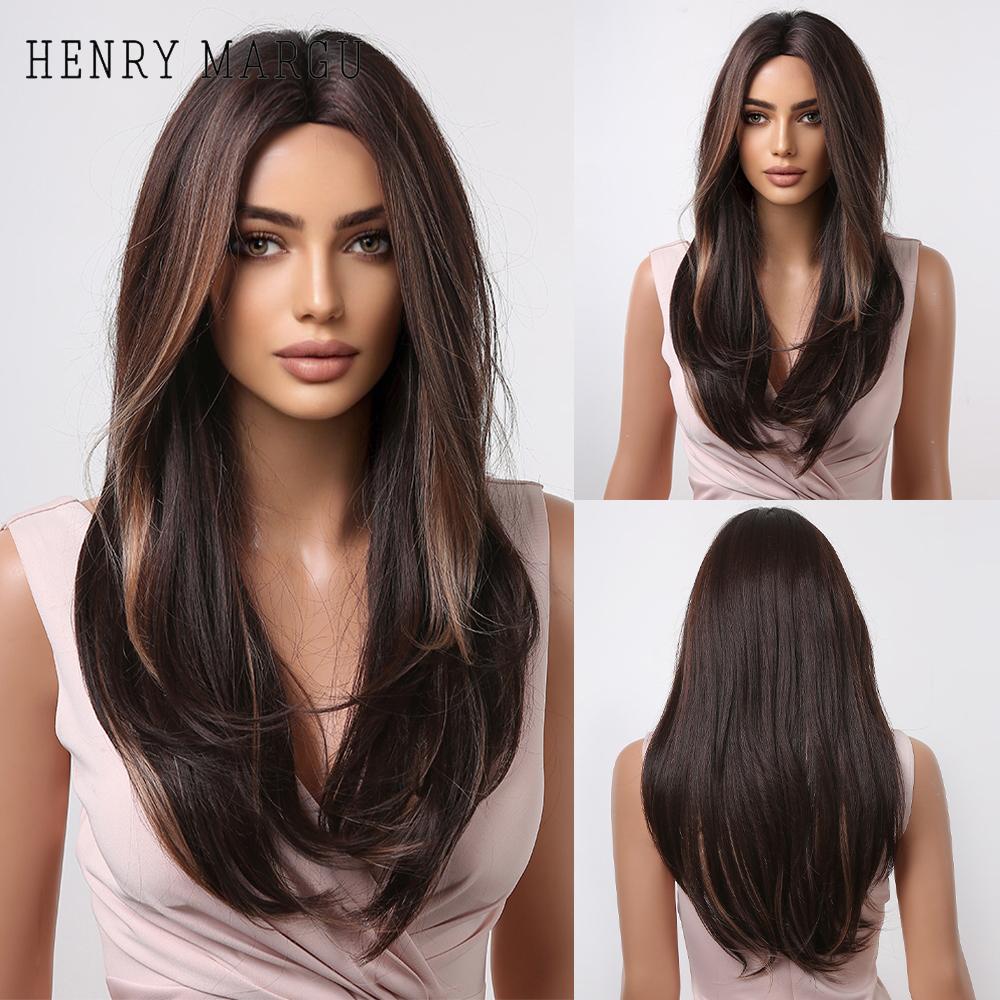 HENRY MARGU Ombre Dark Black Brown Synthetic Wigs with Bangs Layered Hair Wig for Black Women Party Cospaly Heat Resistant