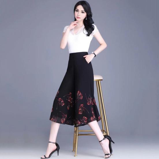 Women Cropped Pants Wide Leg Thin Chiffon Trousers Elastic High Waist Flower Print Loose Fit Culottes Streetwear