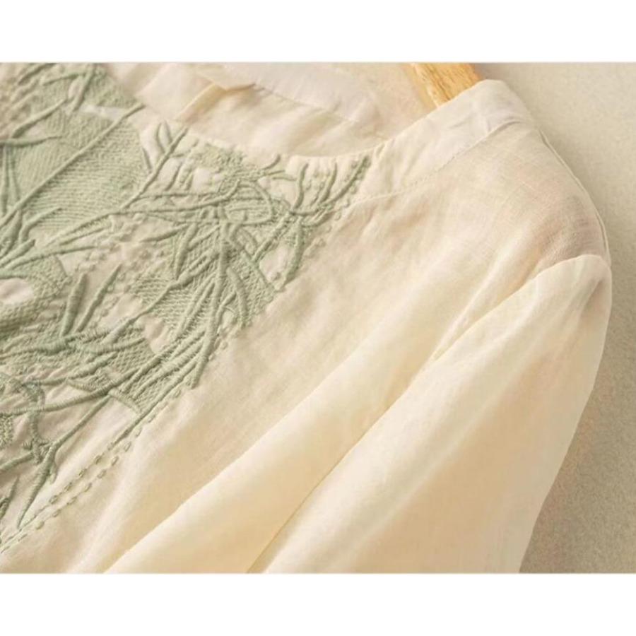 Cotton Linen Blouse Summer Retro Casual Embroidery Shirt Women's Top Short Sleeve Round Neck Blouses