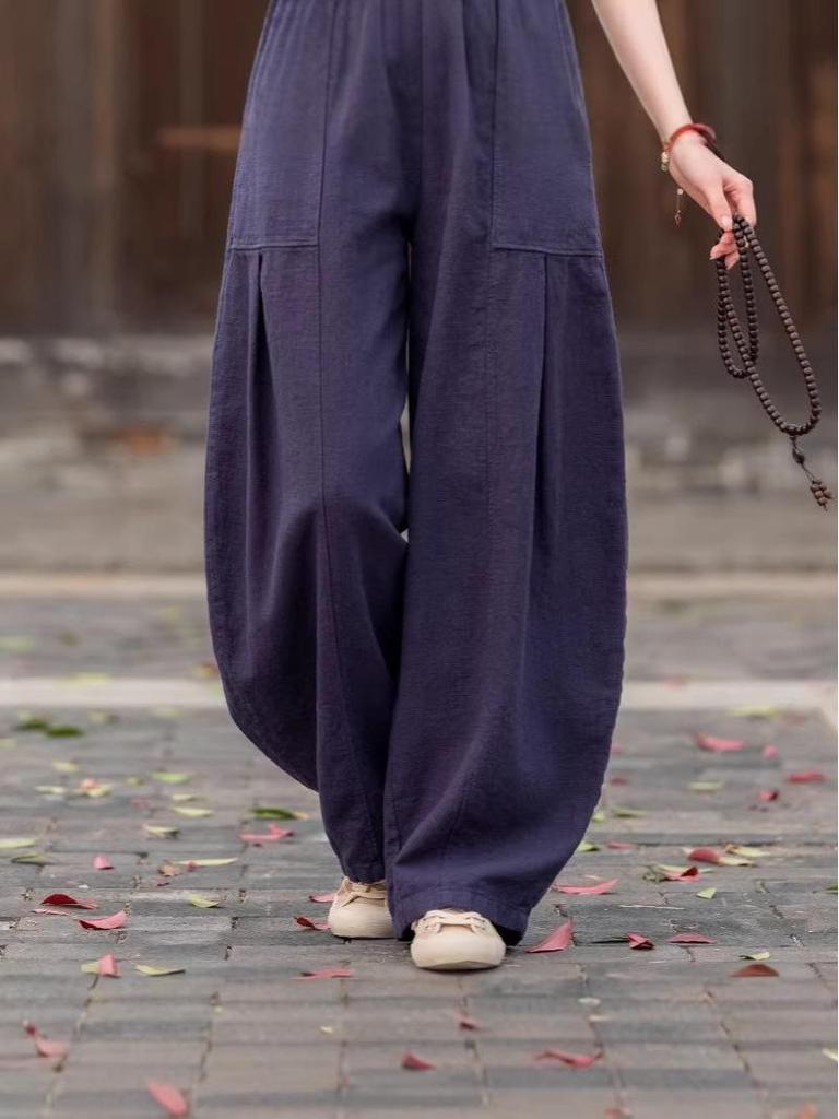 2026 Spring/Summer Women's Cotton Linen Lantern Pants - Artistic Retro Casual Long Pants with Sand Washed Ramie