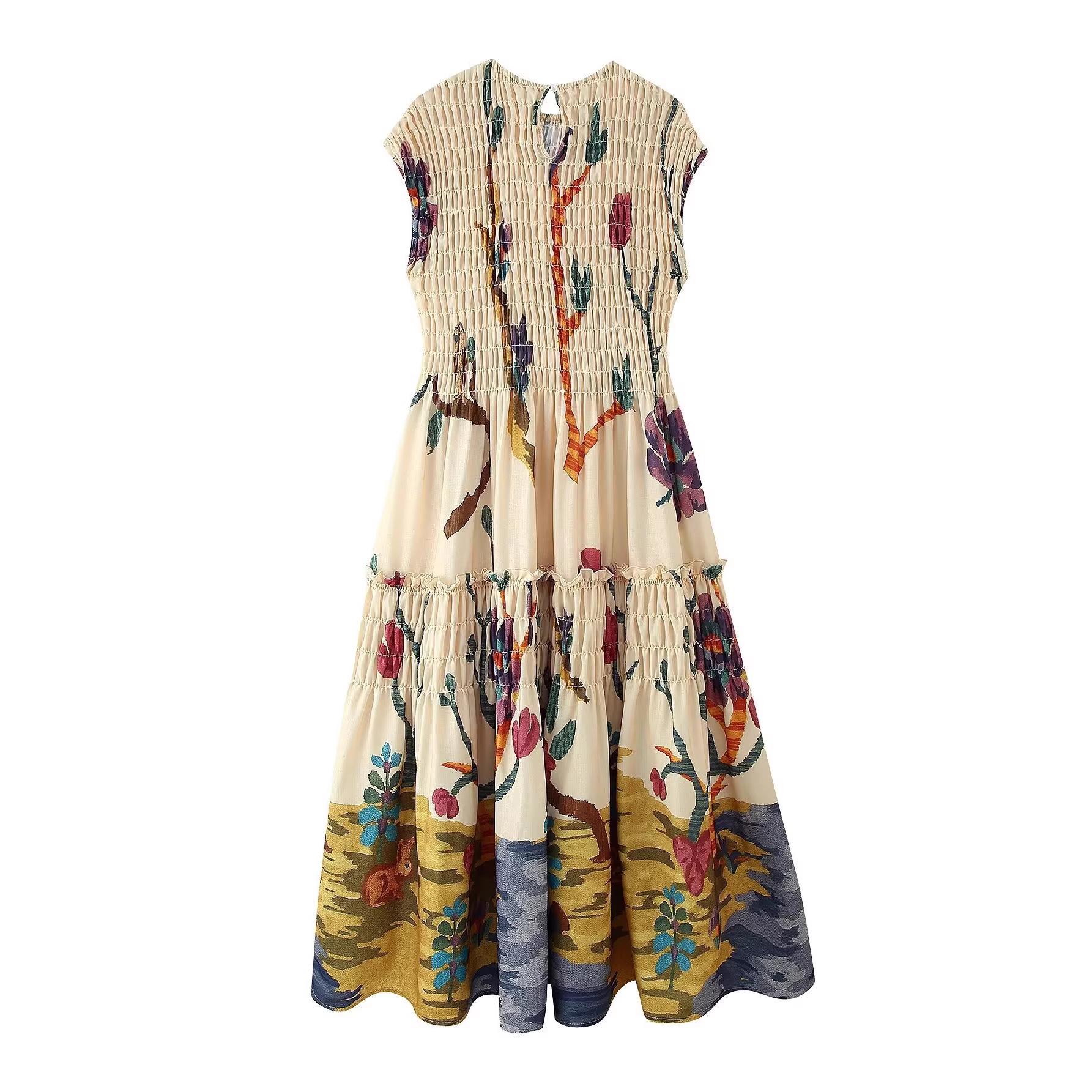 2025 Summer Sleeveless Pleated Printed Dress - European & American Style Women s Fashion Small хаки