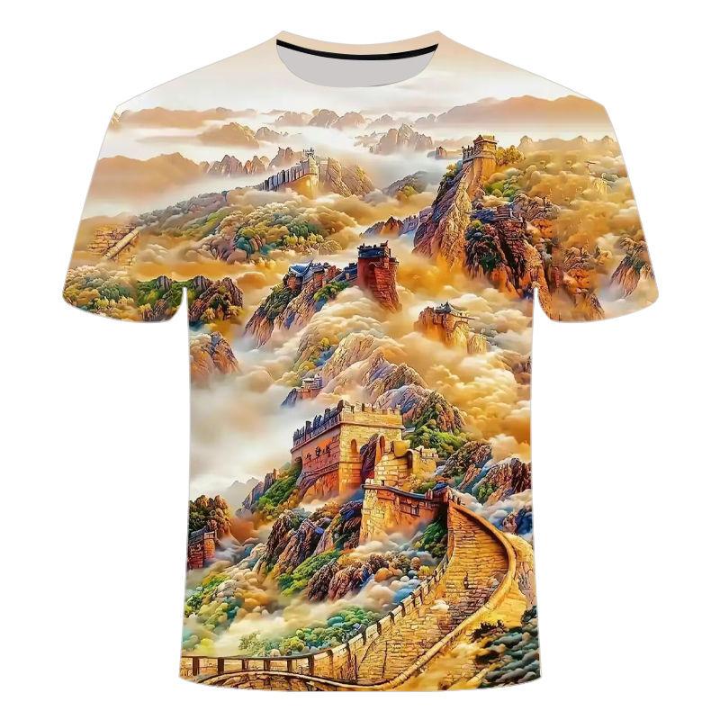 2024 Summer New Fashion 3D Printed Short Sleeve Personalized Creative Landscape Series Men's and Women's Round Neck T-shirts