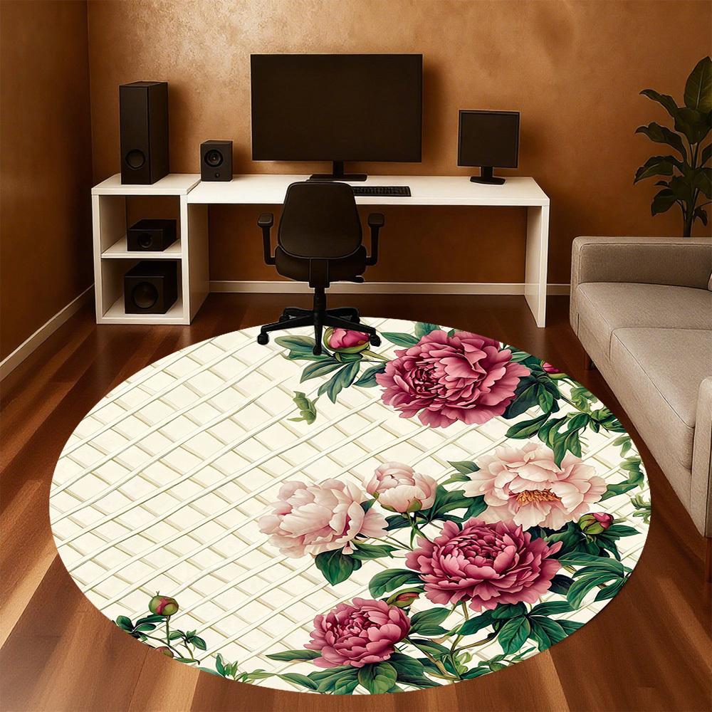 1PC Peony Lattice Office Round Area Rug, Under Office Chairs Bedroom Living Room Home Decor, Carpet for Office -1110108