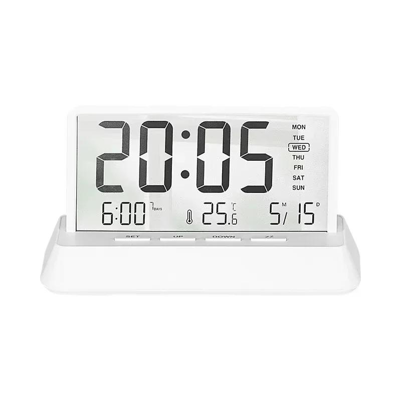 

LED Digital Alarm Clock Transparent Date Week Temperature Display Three Alarms 12/24H Snooze Table Clock Batteries Powered Decor