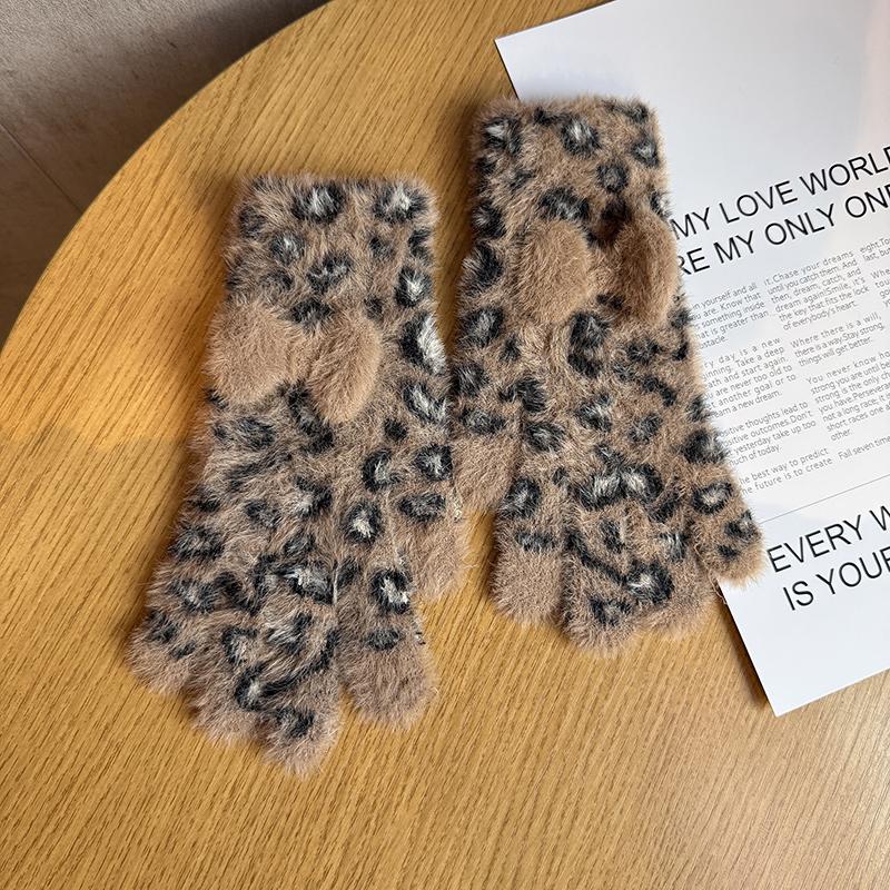 

Leopard Print Plush Knitted Gloves Winter Warm Full Finger Gloves Wool Touchscreen Mittens Cycling Glove