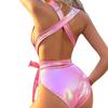 2025 European & American Patent Leather Deep V Backless Swimsuit Bodysuit 
