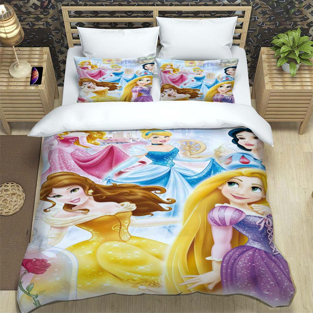 Princess series duvet cover set, 3D children's bedding three-piece set, includes 1 duvet cover and 2 pillowcases, extra large si