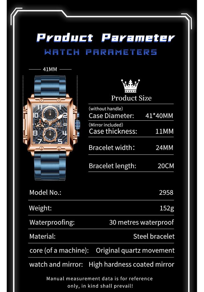 OLEVS 2958 Herrenuhren Top-Marke Quadratisches Zifferblatt Edelstahl Wasserdicht Leuchtend Sport Chronograph Quarz Armbanduhr für Mann