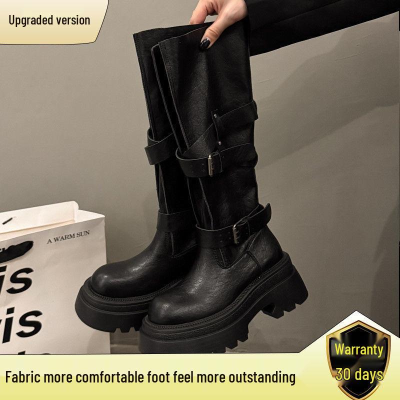 Small Over-the-Knee Height-Increasing Retro Boots with Buckle, Versatile for Autumn, In Stock