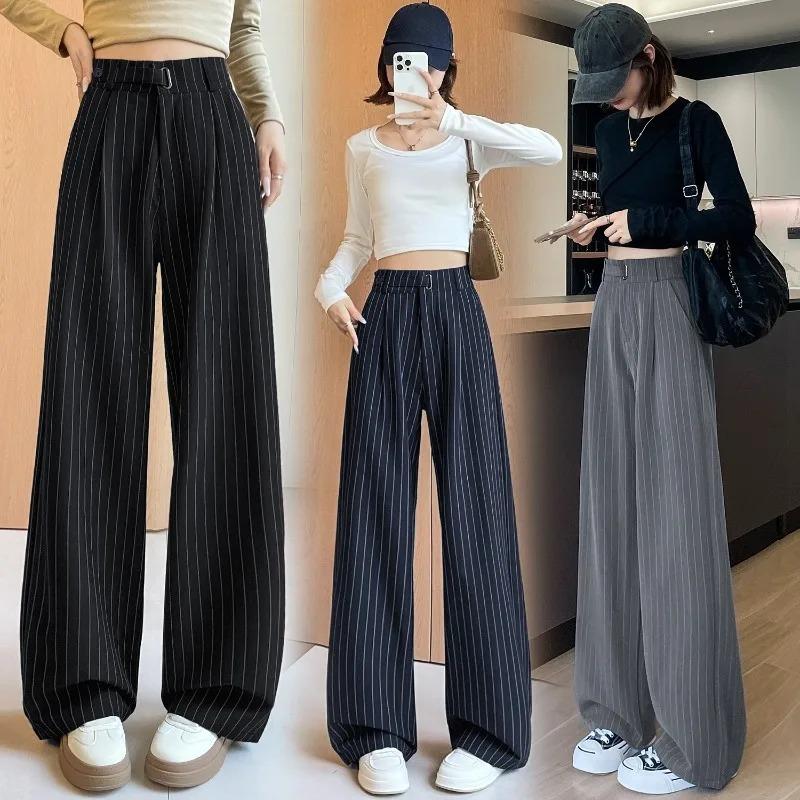 Herbst Vintage Gestreifte Lockere Damen Weite Hosen Knöpfe Frühling Hohe Taille Gerade Büro Voll Langes Hosen