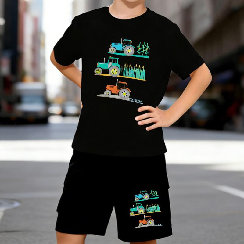 Boys 2 Piece Farming Themed Printed Outfit, Short Sleeve T-Shirt and Shorts Set for Kids Age 5-14,Black,White Sporty Casual Summer Clothes