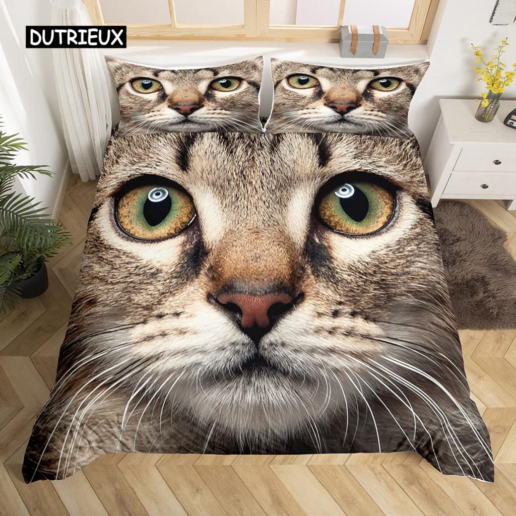 3D Digital Printing 2/3pc Animal Cat Pattern Quilt Cover Pillowcase Double Bed Set Cover Quilt Soft Microfiber Bedding Set
