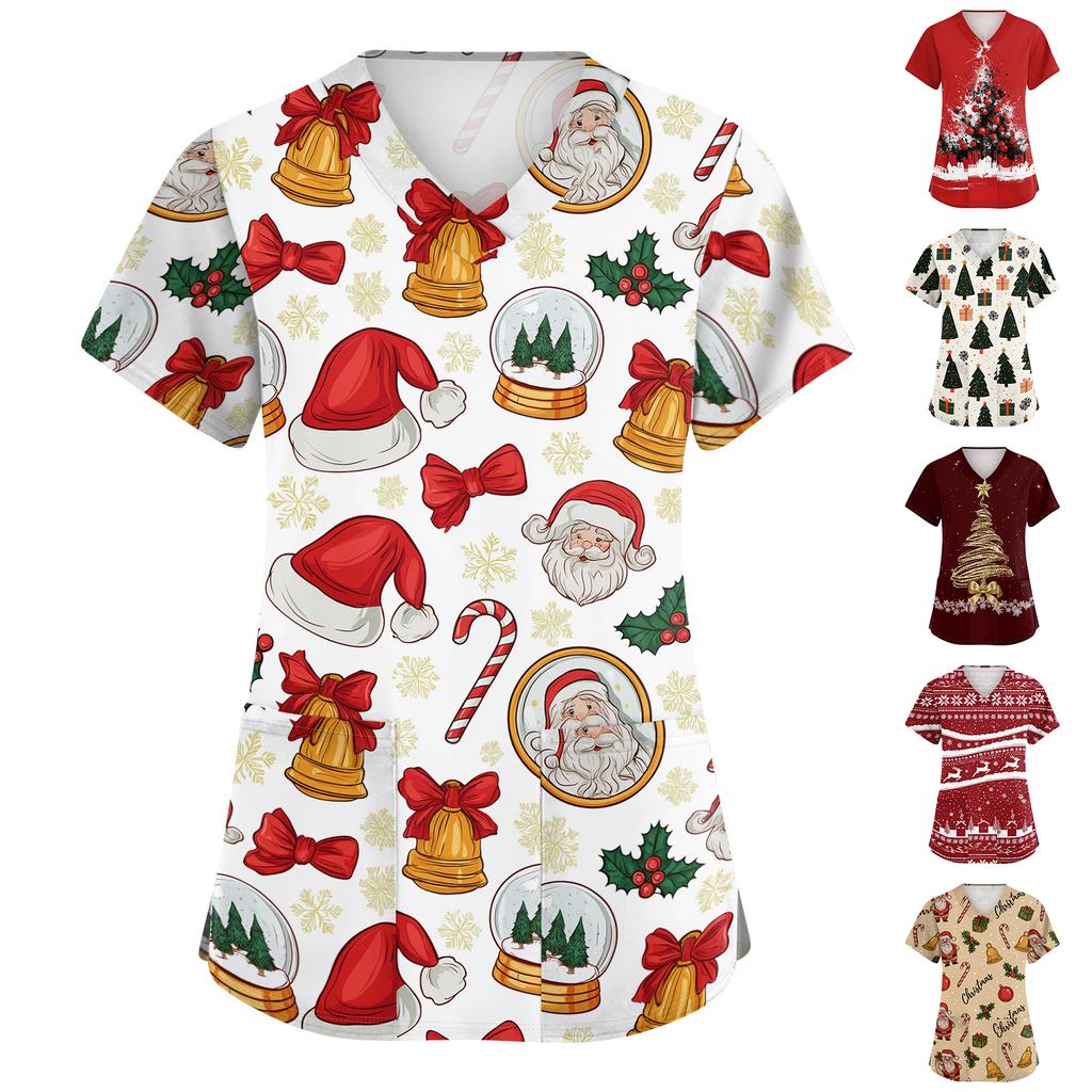 Women's Christmas Print V-Neck Short Sleeve Work Top with Pockets and Side Slits