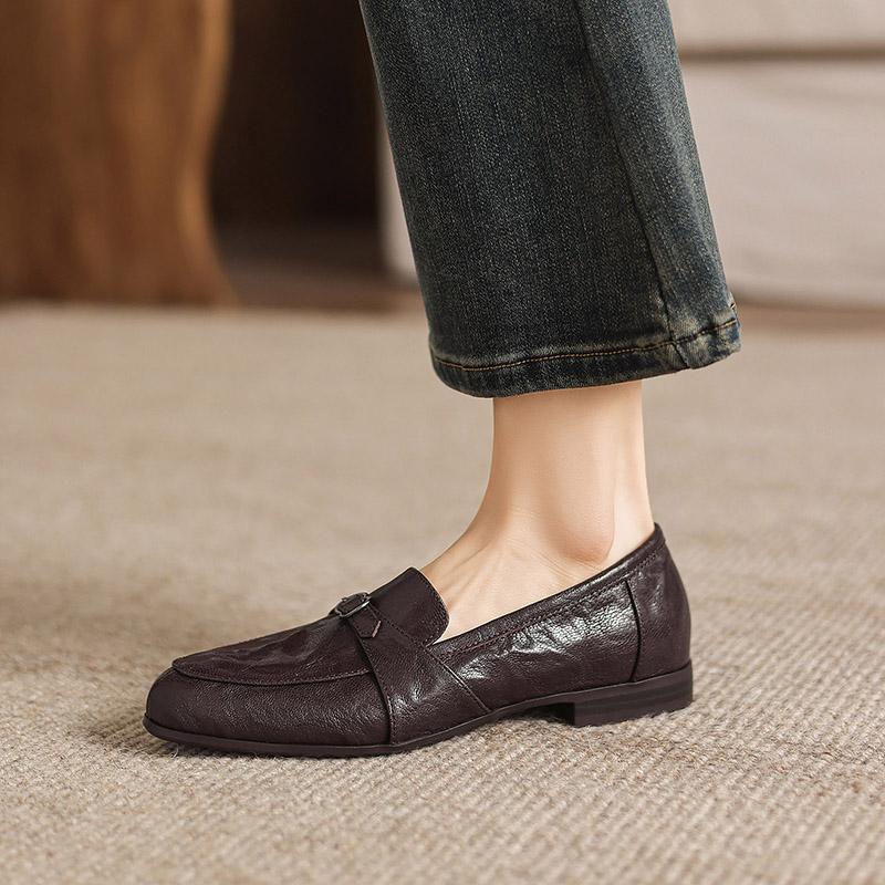 Krazing Pot Sheepskin Round Toe Thick Med Heels Spring Shoes Slip On Big Size 42 Loafers Women Pleated Beauty Pumps