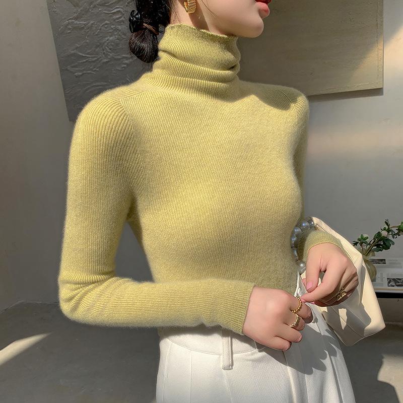 Women's Slim-Fit Ribbed Cashmere Sweater - Solid Color, High-Neck, Knitted Top for Autumn/Winter