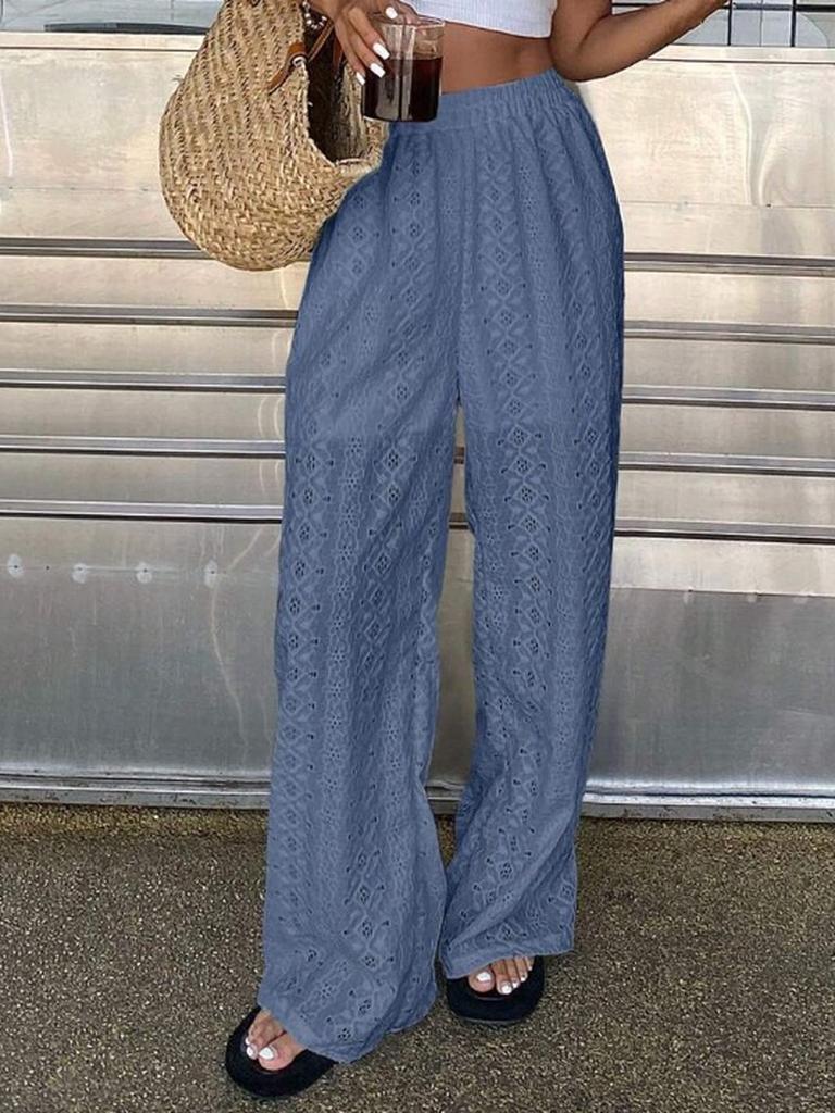Women's Summer Solid Hollow Embroidered Loose Waist Elastic Long Pants Casual Versatile