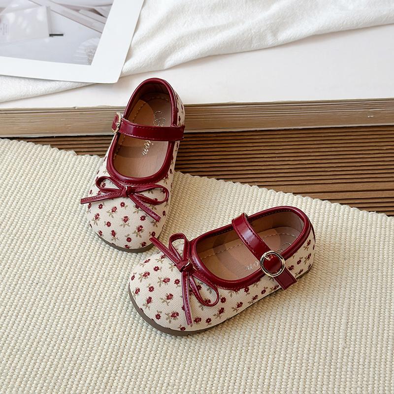 Spring Girl's Mary Janes Flower Bowknot Hook-loop Sweet Kid's Flat Shoe Solid Colors Chic Charming Daily Children Shoes 4-6Y