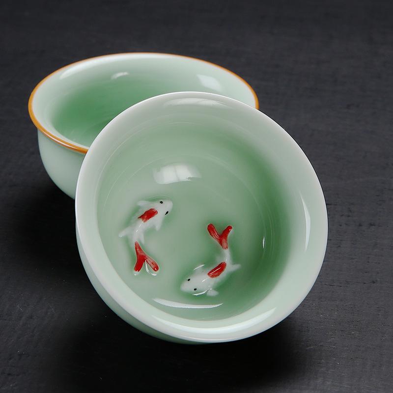 Celadon Ceramic Tea Tasting Set with Koi Fish Design and Custom Logo
