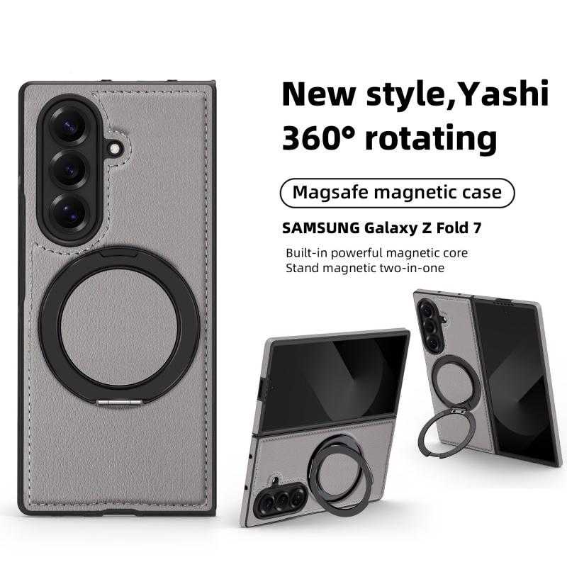 Für Samsung Galaxy Z Fold7 Fold6 Fold5 Fold4 Hülle Magsafe Magnetisch 360° Drehung Intelligenter Metallhalter Ständer Mattschwarze Lederhülle