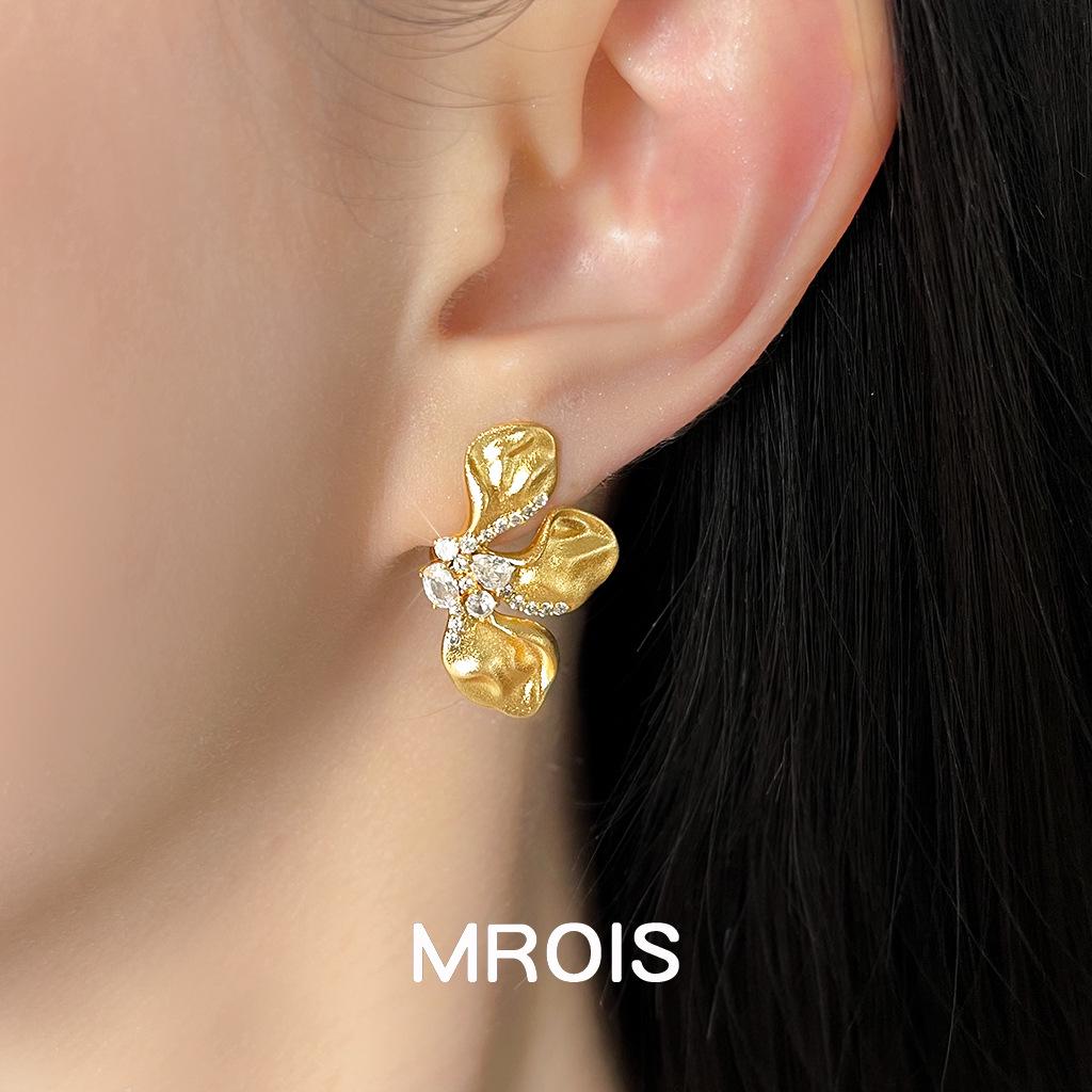 18K Gold Mattierte Blume Zirkonia Ohrringe - Französischer Retro Eleganter Stil