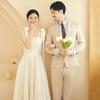 Women Wedding Dress Satin Lace-up Shoulder Strap Bow Square Neck A-line Big Swing Solid Color Sleeveless Long Dresses
