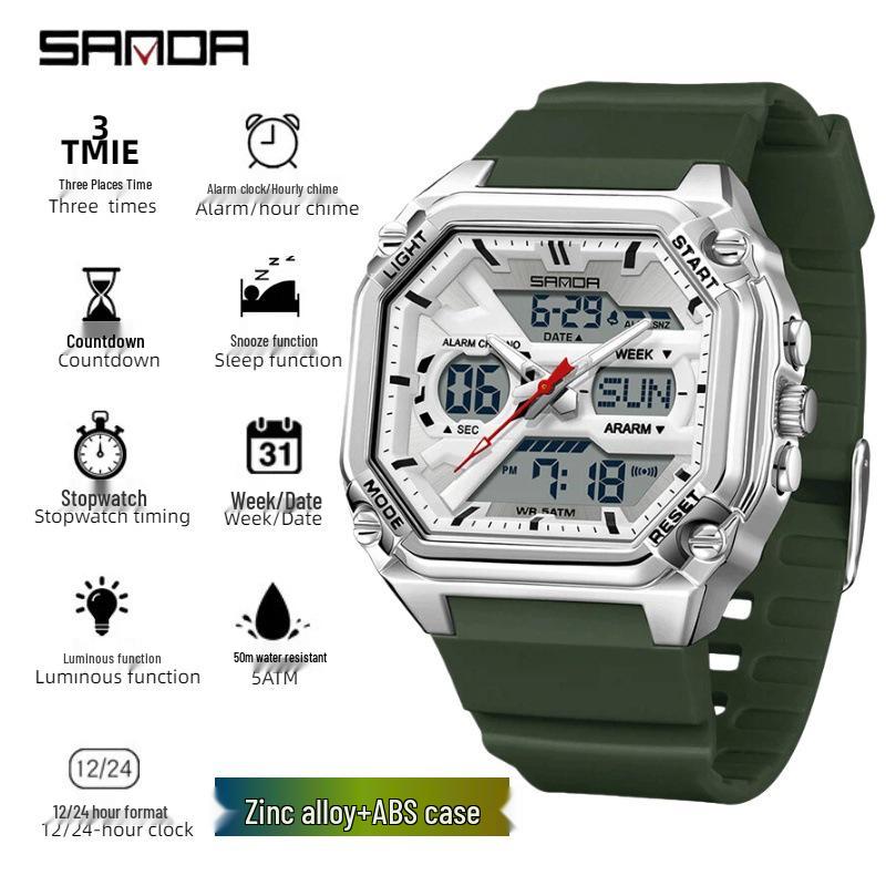 Sanda Men's Multi-Functional Sports Embossed Square Watch with Three-Zone Time and Alarm.