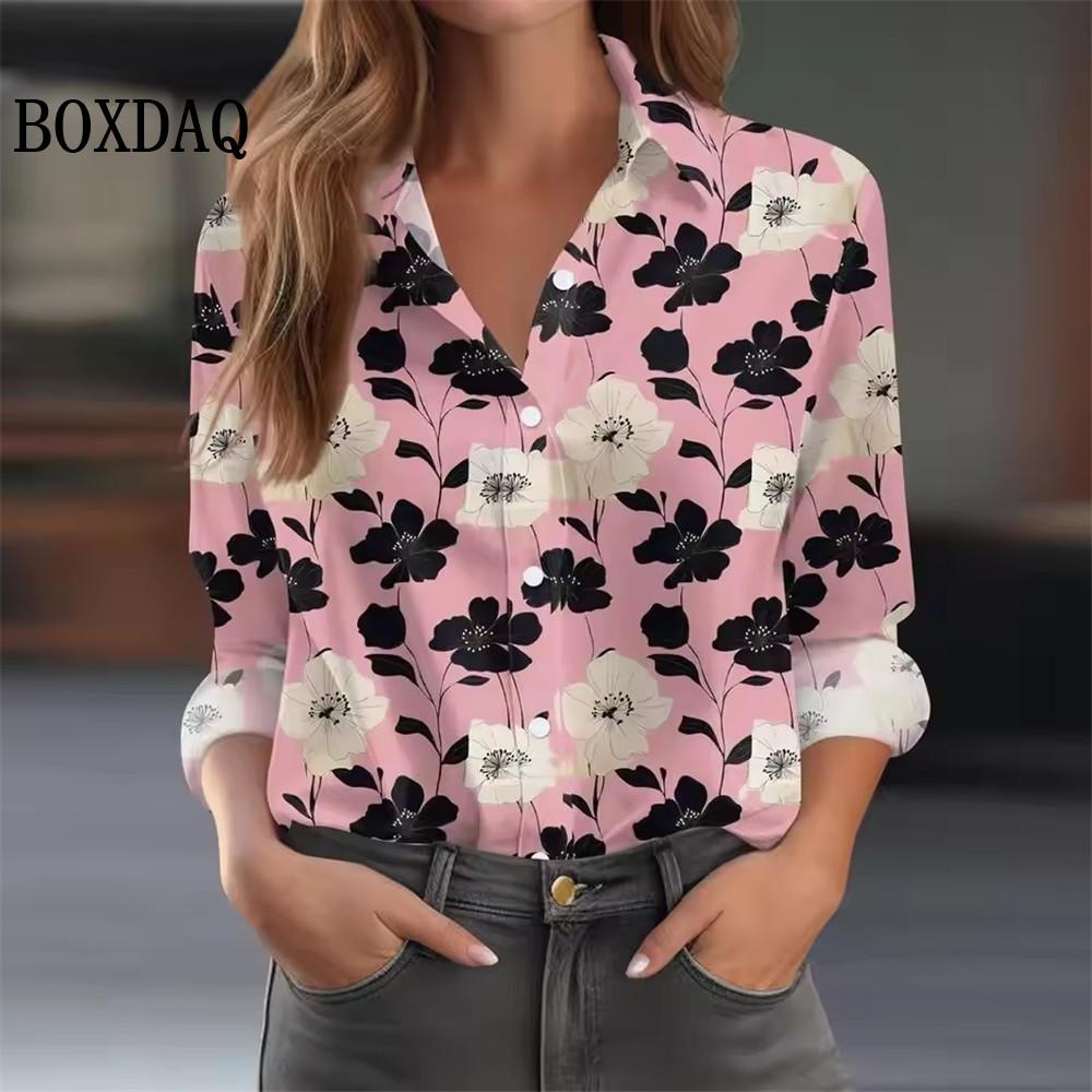 Women's 3D Floral Pattern Print Shirts Vintage Autumn Long-Sleeved Blouse Fashion Casual Loose Button Everyday Lapel Shirt Tops