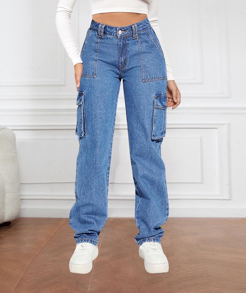 

2024 American Retro Women s Mid-Waist Cargo Denim Pants - Casual Straight Leg with Multi-Pockets. M синий