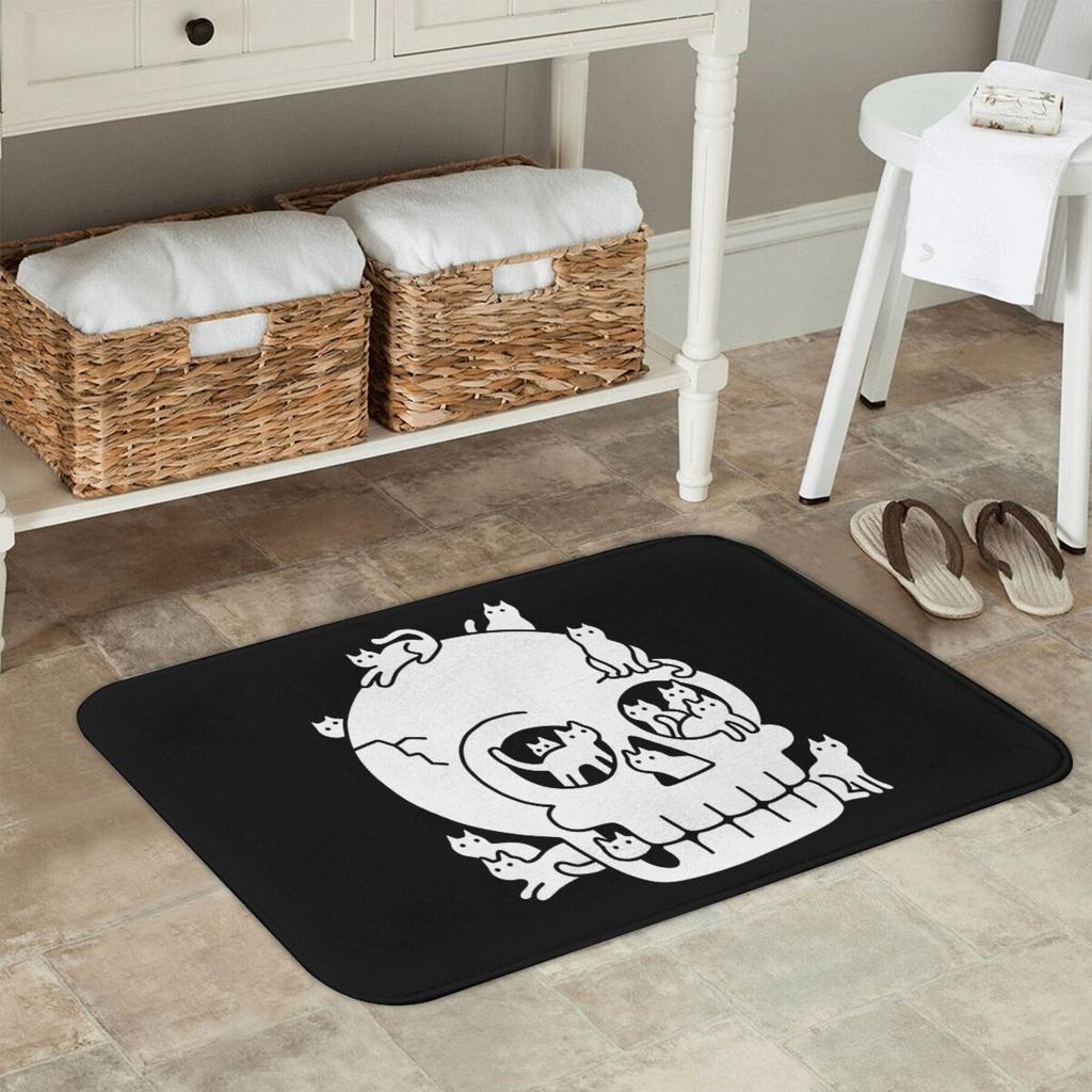 1pc Skull with Cats Doodle Bath Mat, Lightweight Polyester 100% Rectangle Machine Washable Doormat, Machine Made Home Decor Rug
