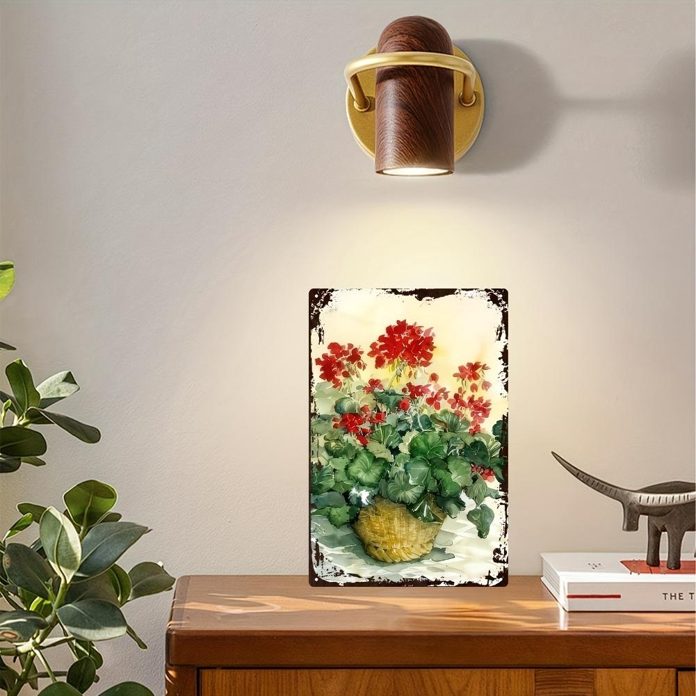 2D Flat, 1 Hand-Painted Iron Wall Decor - Vibrant Red Geraniums and Green Vines in a Rustic Tin Pot, 20x30cm/8x12in