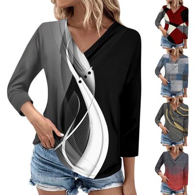 Womens 3/4 Sleeve Daily Weekend V Neck Casual Printed Tshirts Loose Fit Pleated Tees Ladies Blouse