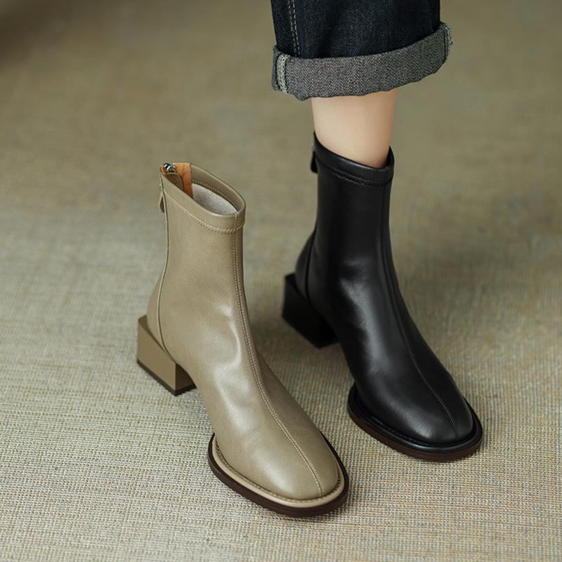 Coarse Heel Short Boots Women's Autumn and Winter Boots Retro Round Head Rear Zipper