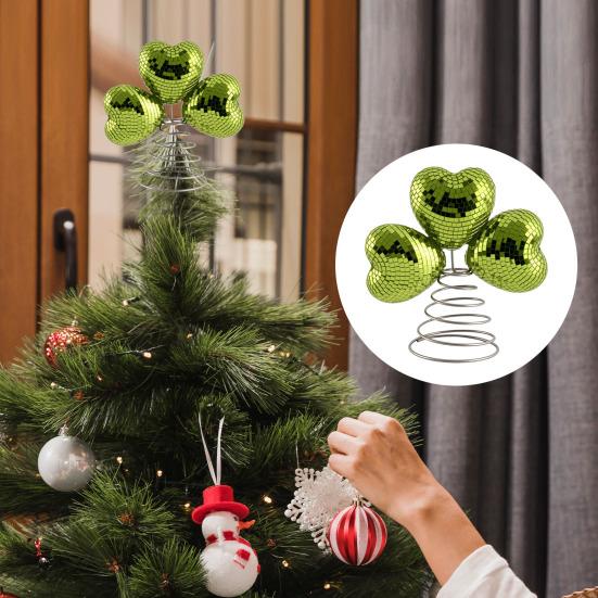 Ponteira de Árvore Bola de Discoteca Decoração Trevo de 3 Folhas com Design de Coração e Ladrilhos Espelhados Brilho Retrô Decoração de Primavera para Mesa