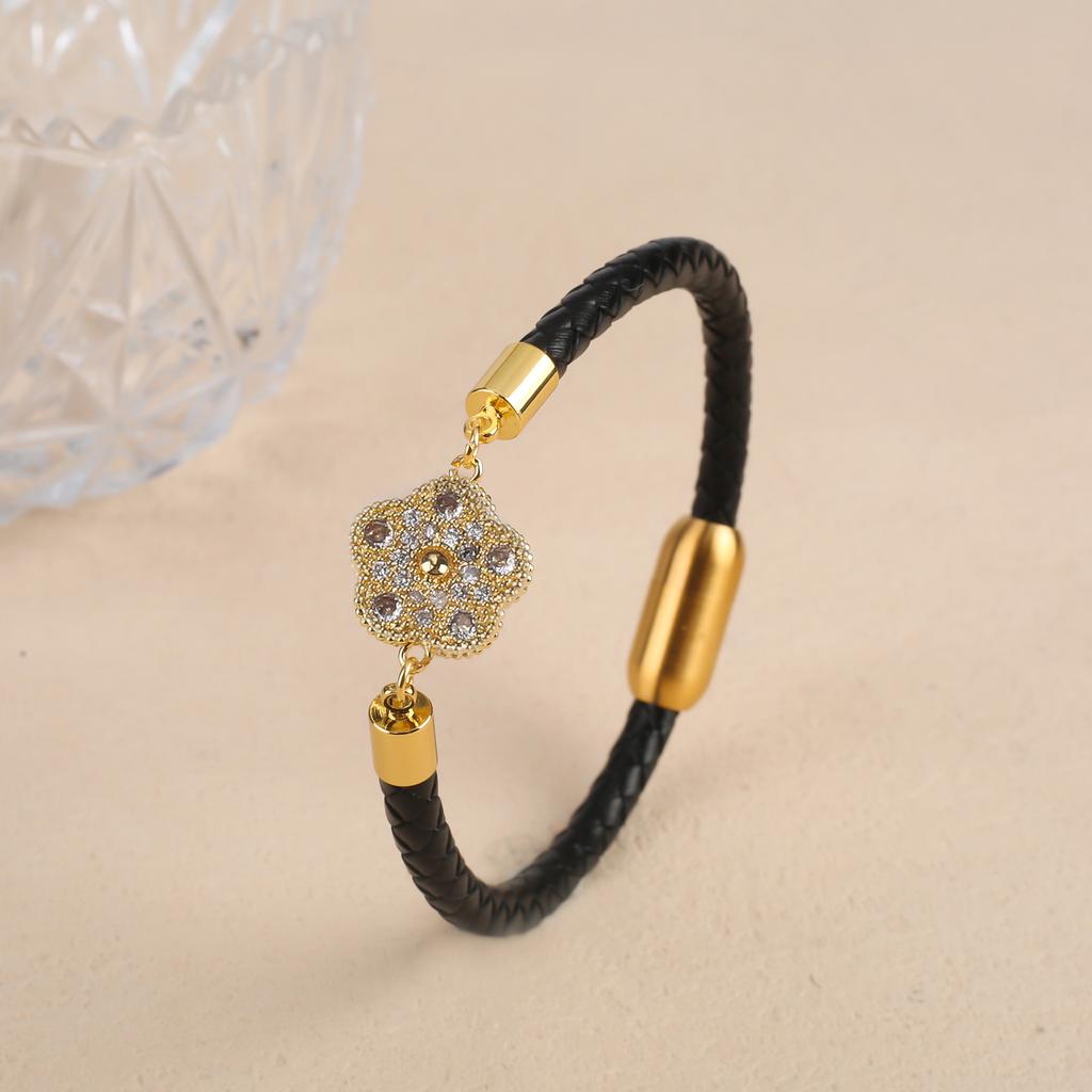 Simple Five-Leaf Flower Leather Braided Bracelet Natural Stones Clover Stainless Steel Bangle For Women Party Daily Wear Jewelry