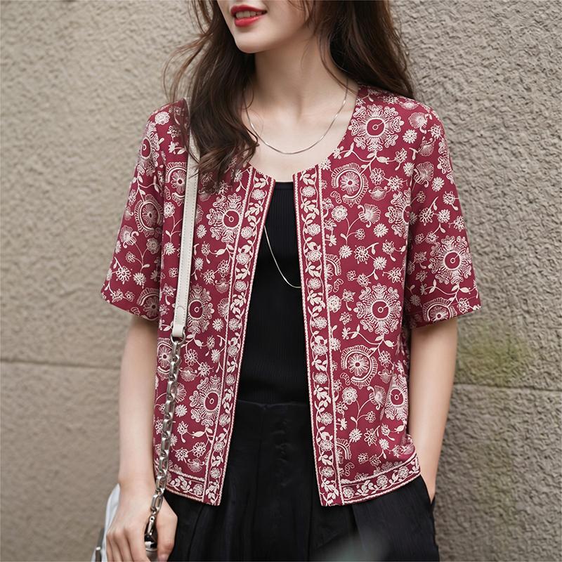 ZANZEA Women Retro Print Casual Round Neck Short Sleeve Open Front Cardigan Tops