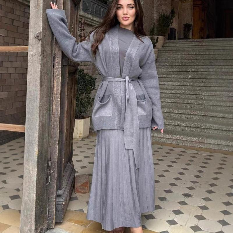 2025 Spring V-neck Cardigan Jacket & Comfortable Midi Skirt Set for Women