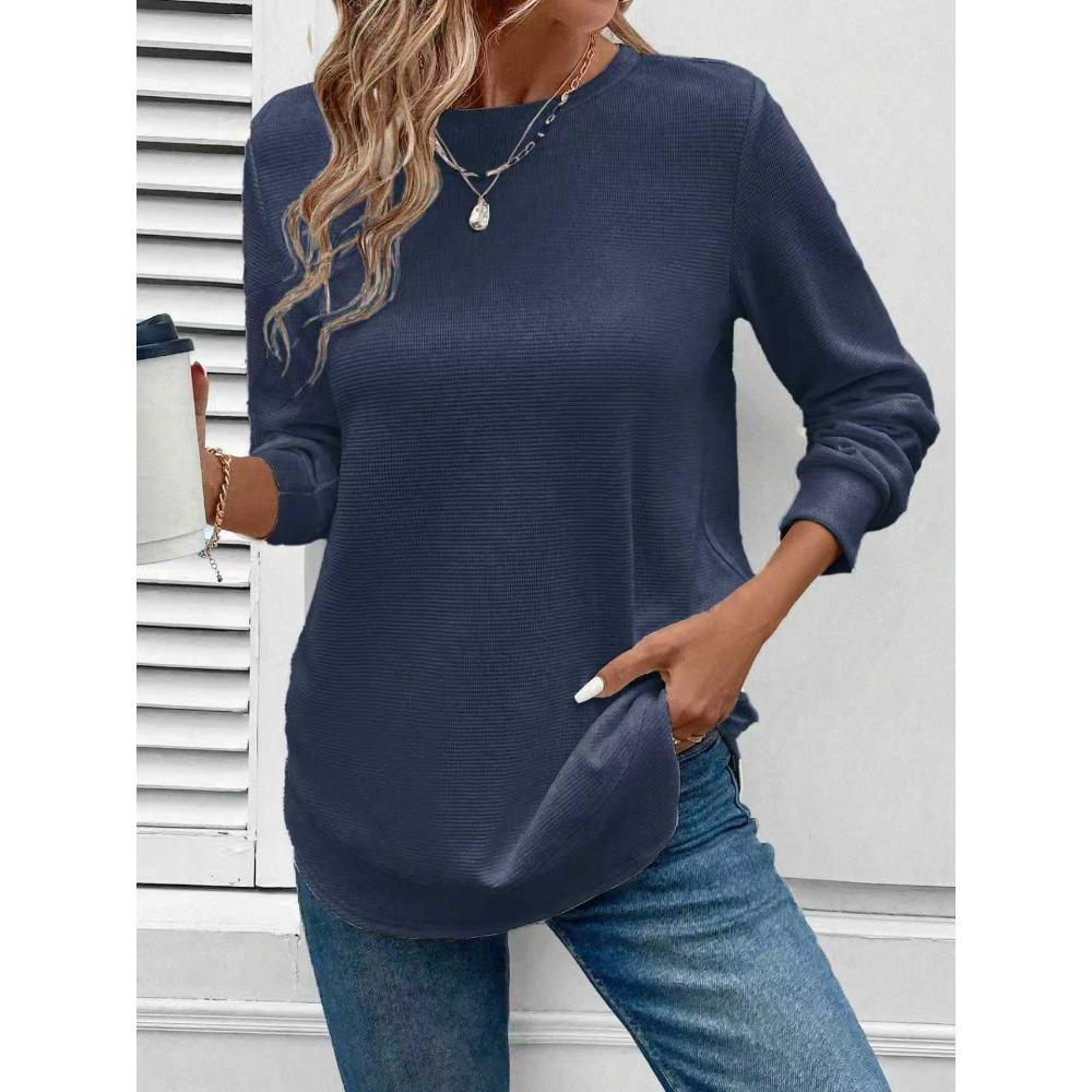 QICED Women's Fashion Casual Solid Color Print Long Sleeve O-Neck Blouses & Shirts