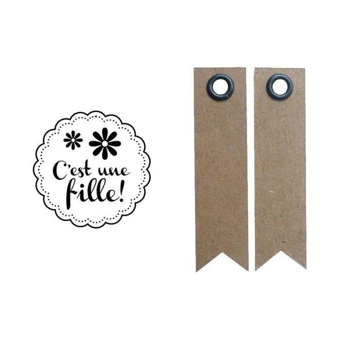 Wooden Stamp Birth Girl + 20 Kraft Pennant Labels