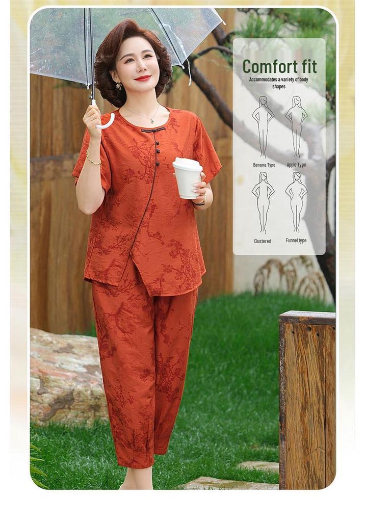 Petite Mom's Ice Silk Printed Summer Set for Middle-Aged Women