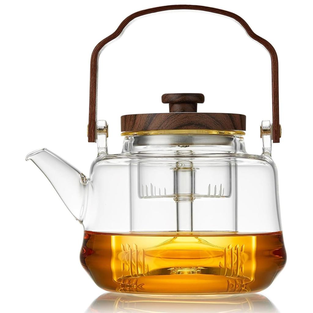 Pokaro Tea Heat-Resistant Glass Teapot, 1090ml, for Steamed and Boiled Tea, Transparent Design with Wooden Handle and Glass Tea Strainer,