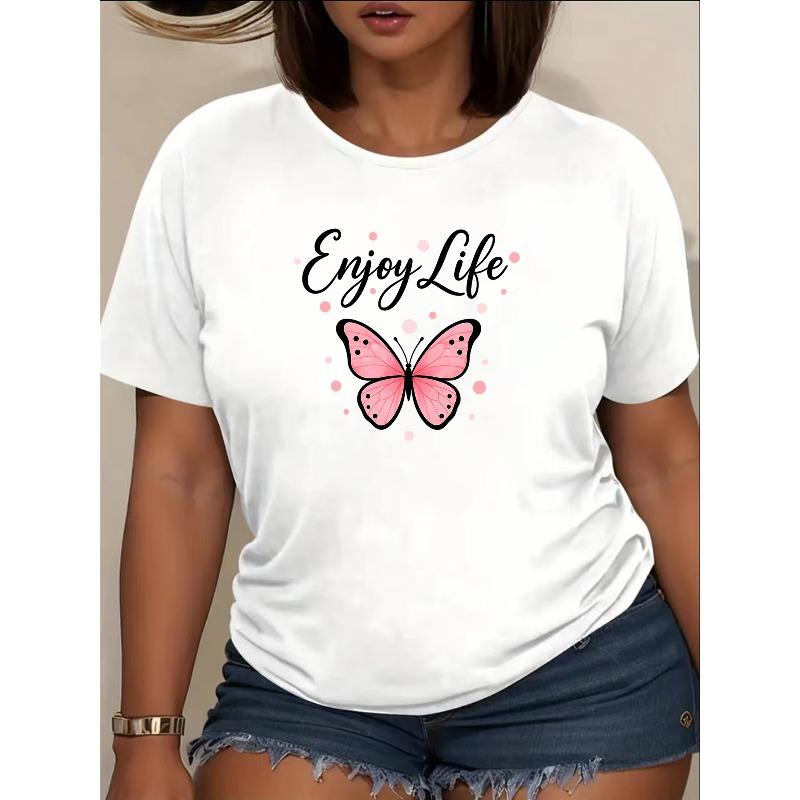 Women "Enjoy Life" Butterfly Print T-Shirt Round Neck Short Sleeve Casual Summer Daily Versatile Top