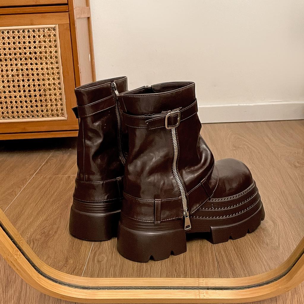 Retro Brown British Style Thick-soled Martin Boots Autumn with Skirt To Increase Height and Show Thinness Short Boots