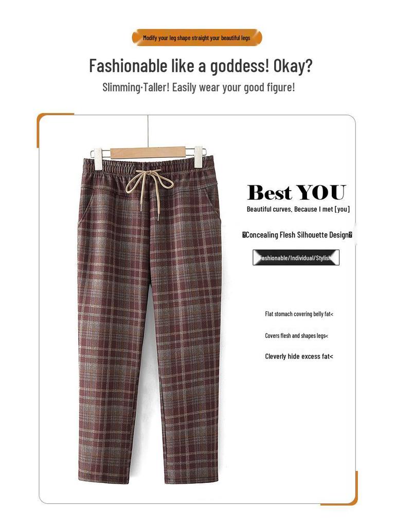 Spring Style Fashionable Plaid Elastic High Waist Pants for Middle-aged and Elderly Women