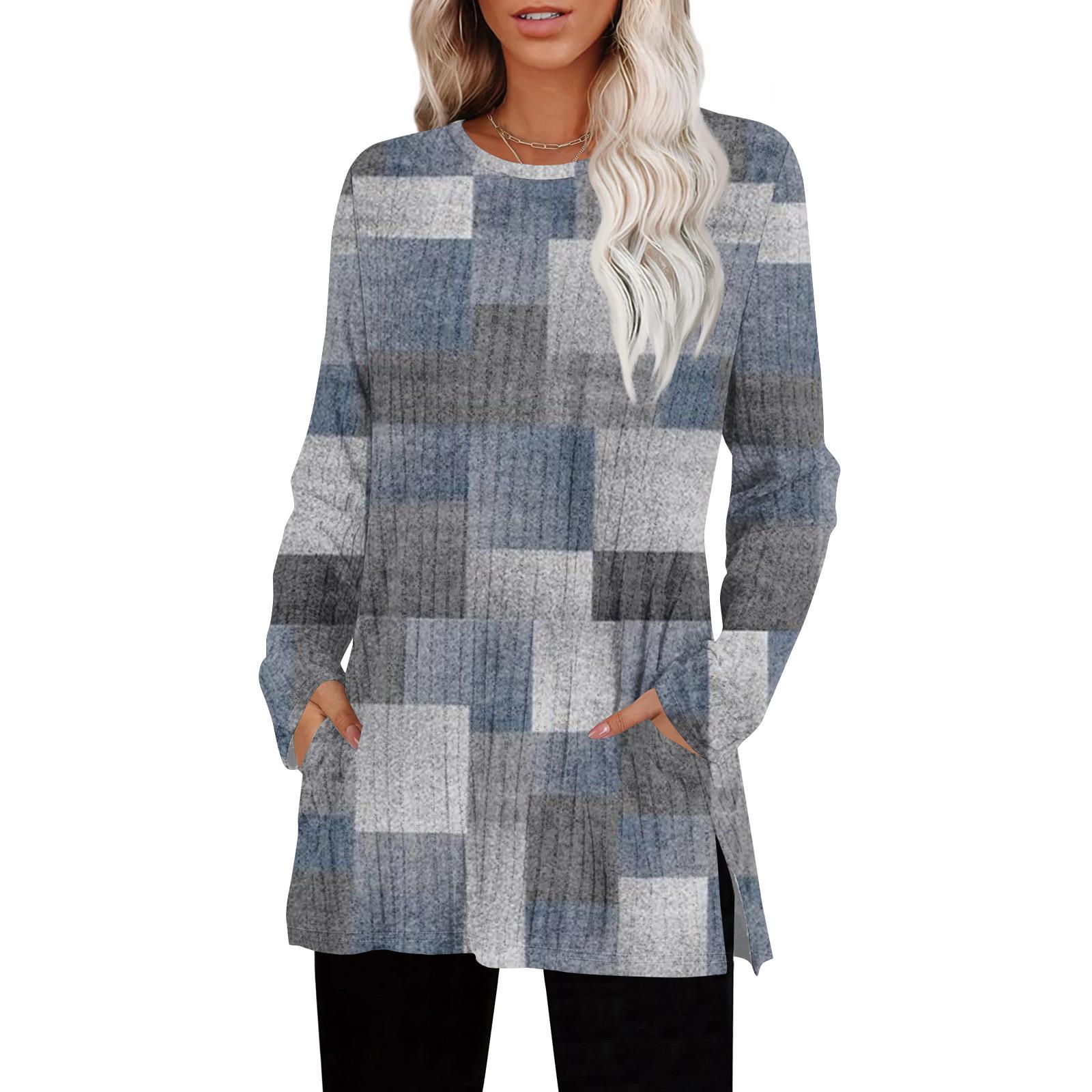 

Женские свитера с круглым вырезом, рубашки с длинным рукавом и карманами, осенние наряды, модная зимняя одежда, боковой разрез M тёмно-синий