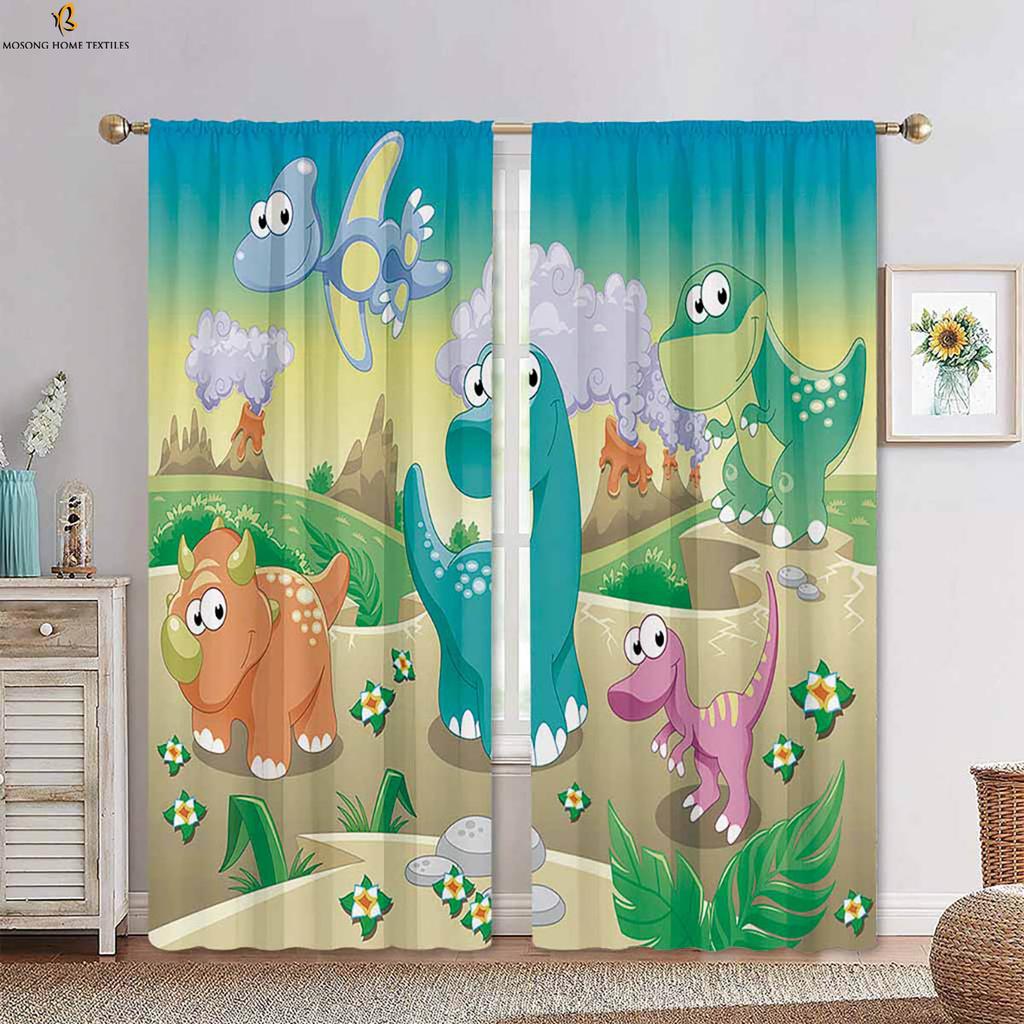 Set Of 2 Cute Cartoon Animal Dinosaur Print Curtains Bedroom Living Room Kitchen Kids Decorative Curtain With Rod Pocket Polyester Perfect For Sitting