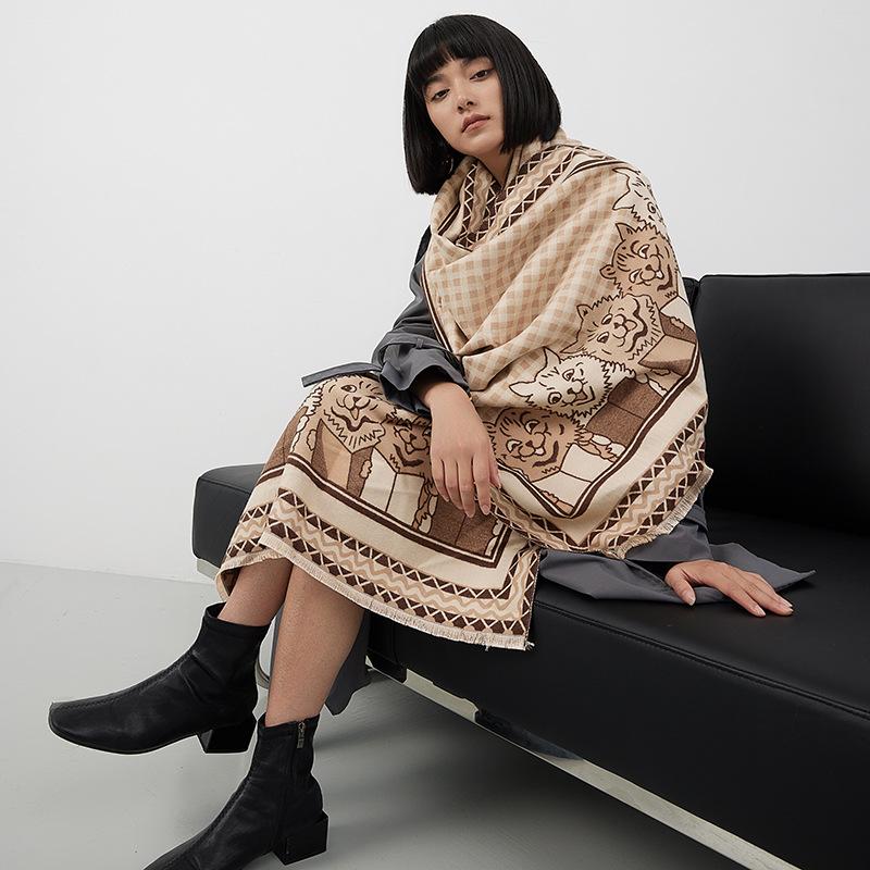 Imitation Cashmere Plaid Scarf Women'S Cute Kitten Printing Trend Big Shawl Warm Thick Scarf