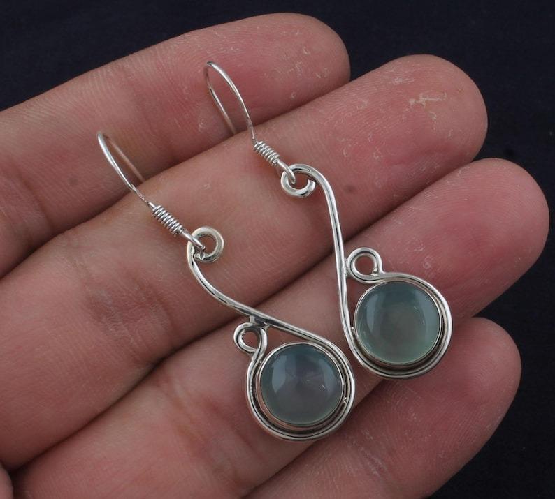 Solide 925 Sterling Silber Ohrringe Aqua Chalcedon Edelstein Damen Hängende Tropfenohrringe Geschenk für Sie